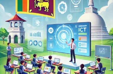 Students in a Sri Lankan classroom using laptops and tablets, with a teacher presenting digital content on a smartboard; traditional Sri Lankan symbols are visible in the background.