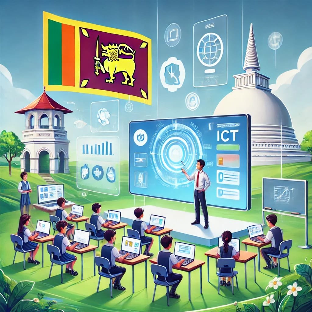Students in a Sri Lankan classroom using laptops and tablets, with a teacher presenting digital content on a smartboard; traditional Sri Lankan symbols are visible in the background.