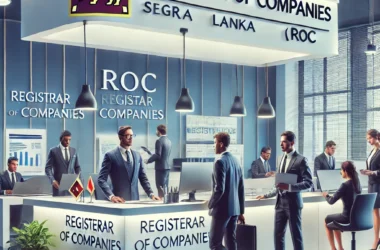 A modern office of the Register of Companies with employees working at their desks and attending to clients.