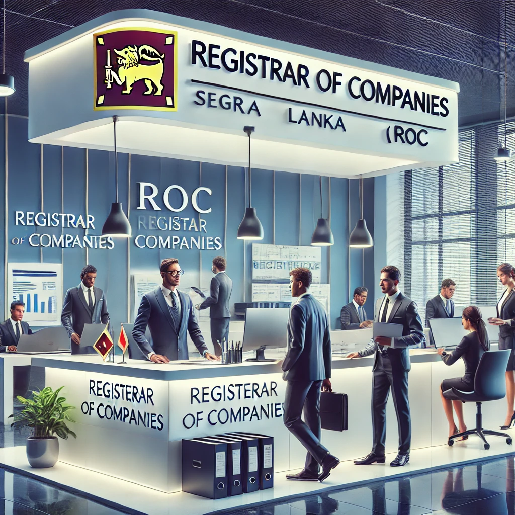 A modern office of the Register of Companies with employees working at their desks and attending to clients.