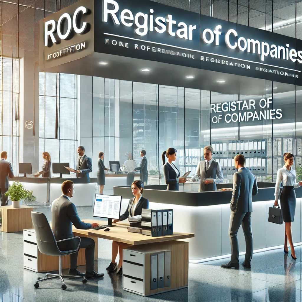 Register of Companies with employees working at their desks and attending to clients.