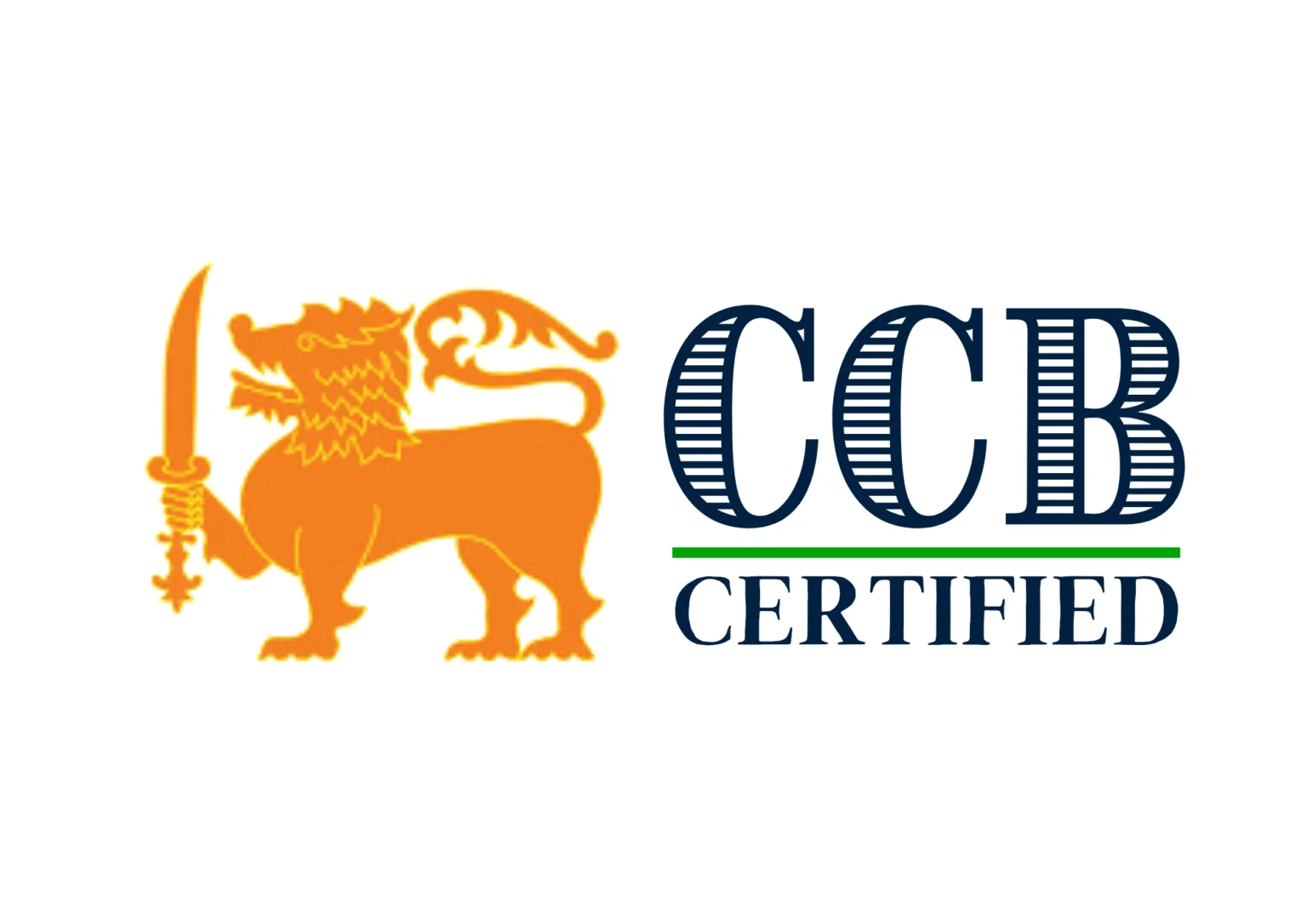 Central Certification Board (CCB) Certified logo featuring a stylized lion holding a sword on the left and bold, striped 'CCB CERTIFIED' text with a green underline on the right.