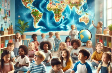 GEEN logo depicting a globe surrounded by abstract figures, representing global unity in early education.