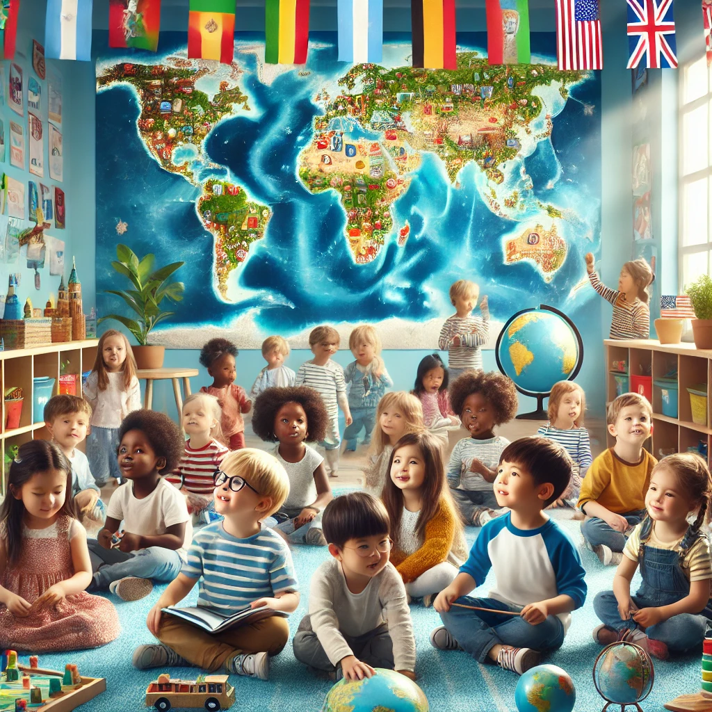 GEEN logo depicting a globe surrounded by abstract figures, representing global unity in early education.