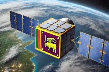 Satellite image of Sri Lanka taken by Raavana-1, displaying the country's terrain and surrounding ocean.